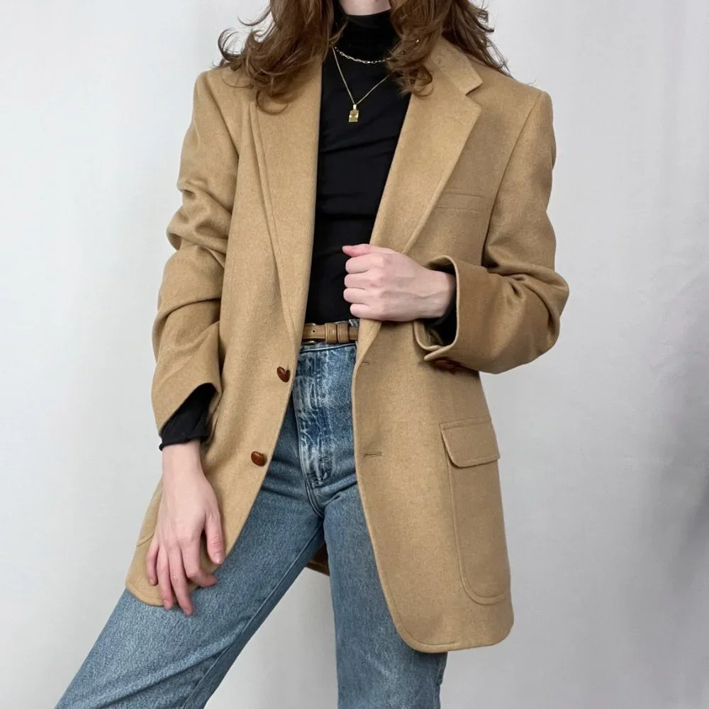 Vintage 100% Camel Hair Union Made Oversized Long Blazer Jacket Coat Preppy USA - Picture 6 of 11